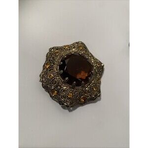 Vintage West Germany, Topaz And Golden Stones, Set In An Ornate Filigree Pendant